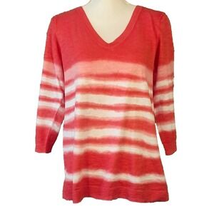 TALBOTS Sz S Linen Cotton Coral White‎ Stripe V-Neck Pullover Sweater 3/4 Sleeve